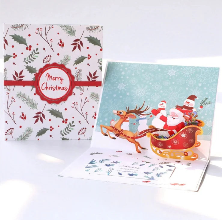 3D Christmas Deer Cart Christmas Stereo Greeting Cards Holiday Blessings Handmade Creative Gifts