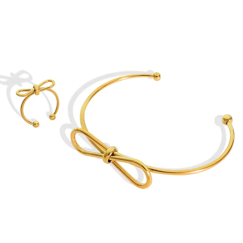 2022 New Fashion Design Sense Stainless Steel 18K Gold Bow Bracelet Ring Jewelry Set Spot Wholesale