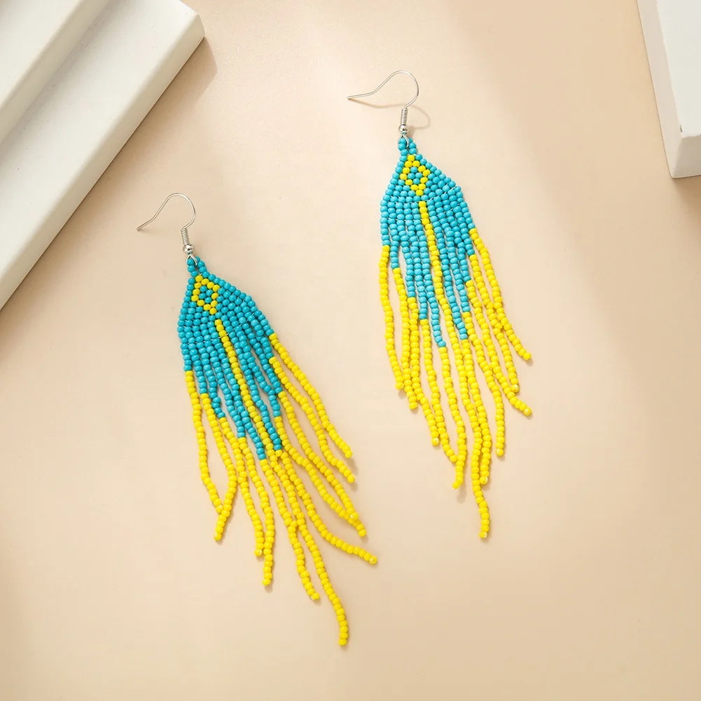 Vintage Bohemian Extra-Long Huggie Earrings for Children's Trendy Multi-Row Tassel Seed Bead Hook Design Glass CHINTEN for