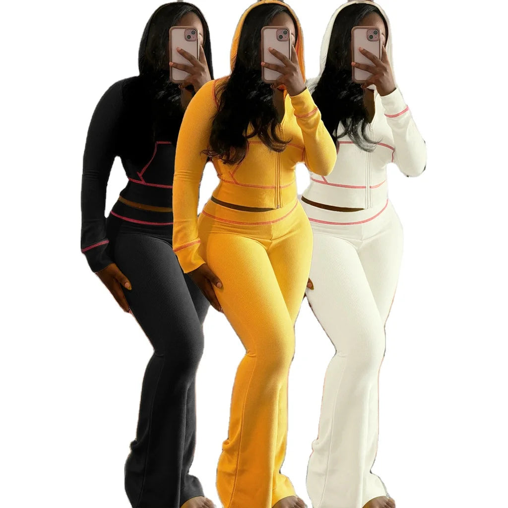 Waffle Texture Striped Women's Hoodies and Pants Set 2024 Autumn Suits Tracksuit Woman Casual Street Flare Pants Two Piece Set