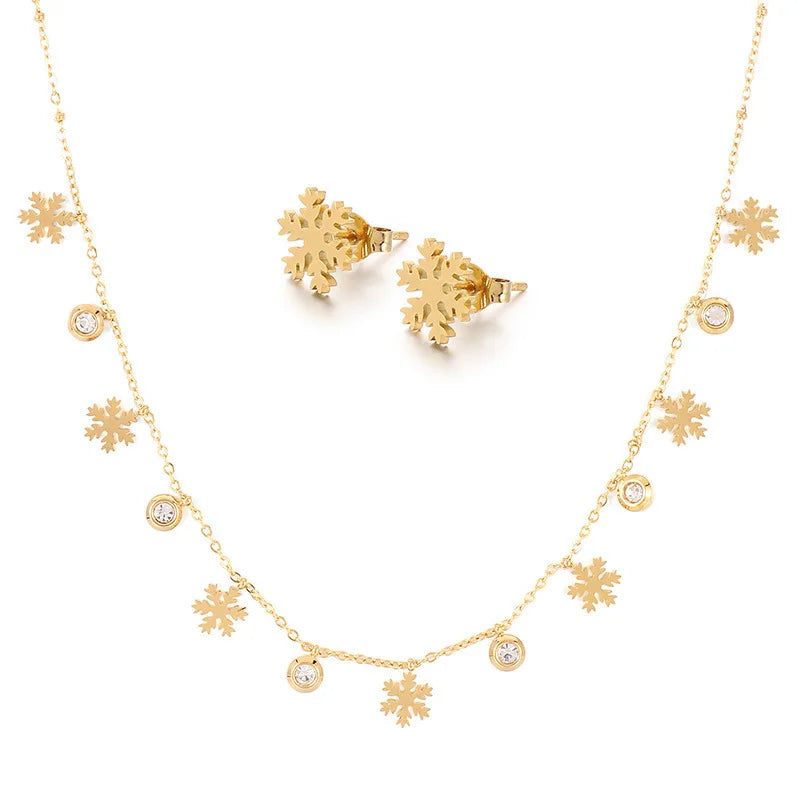 Stainless Steel Christmas Simple Snowflake Tree Pendant Choker Necklace Stud Earrings Women's Fashion Jewelry Set