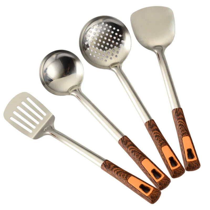 4Pcs Stainless Steel Cooking Utensils Set Imitation Plastic Grain Handle Wok Spatula Soup Ladle Skimmer Turner Heat Resistant