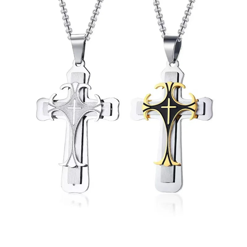 OEM ODM High Polished IP Gold Plating Double Color Three Layer Stainless Steel Cross Pendant Necklace