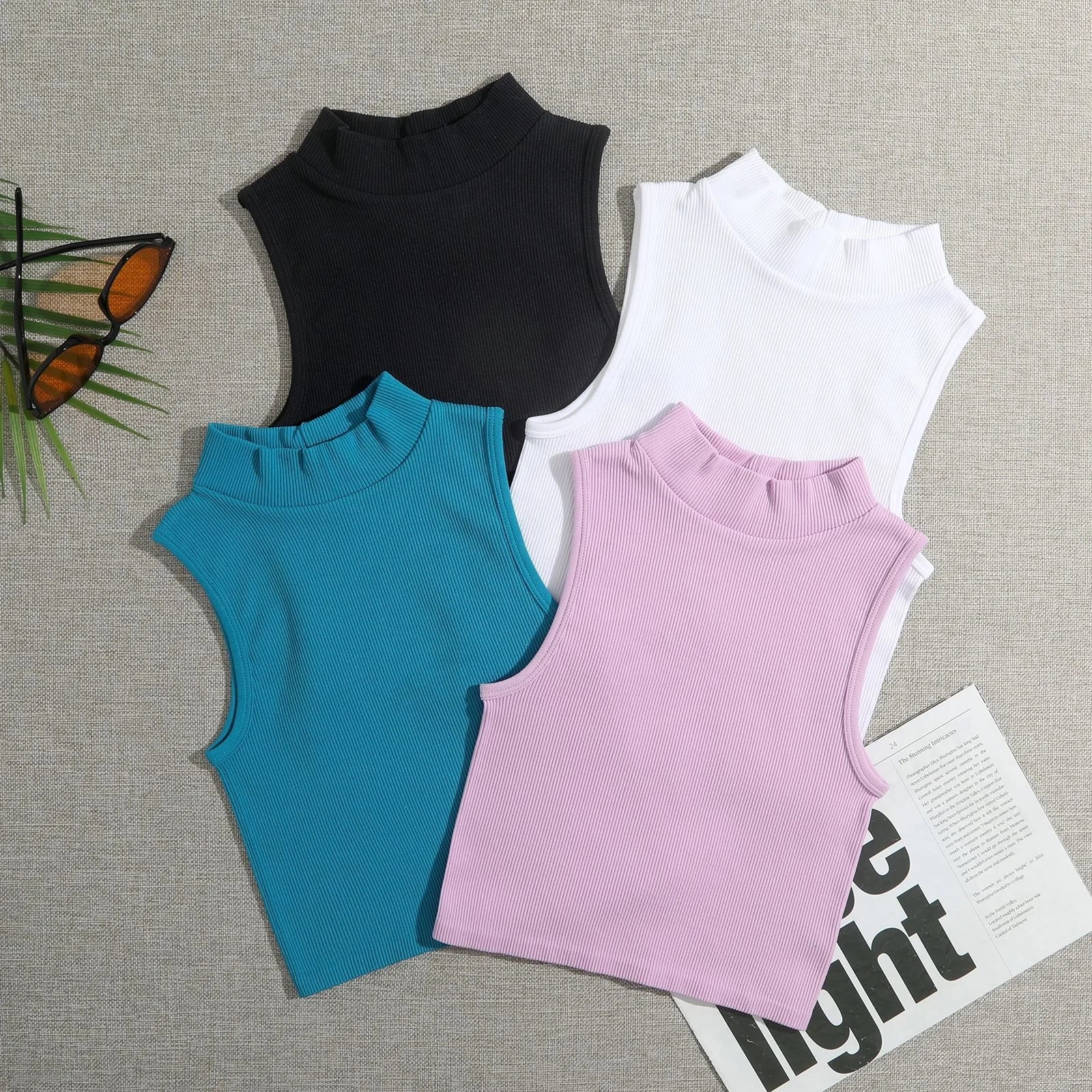 Women's High Collar Crop Top Seamless Knitting Sports Vest Solid Color Ribbed Tank Top Casual Workout Clothing