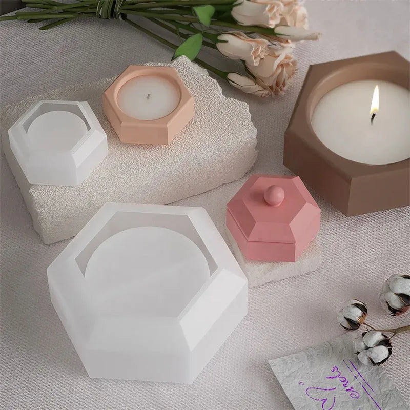 Plaster Concrete Candle Jar Silicone Mold DIY Hexagonal Resin Jewelry Storage Box Mold With Lid Jewelry Storage Box Mold