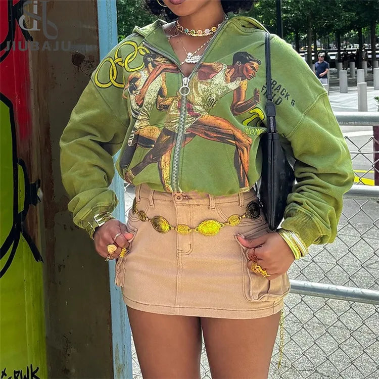 Graphic Print Sporty Hooded Jacket Women Hipster Y2K Long Sleeve Zip-Up Sweatshirts 2024 Autumn Outerwear