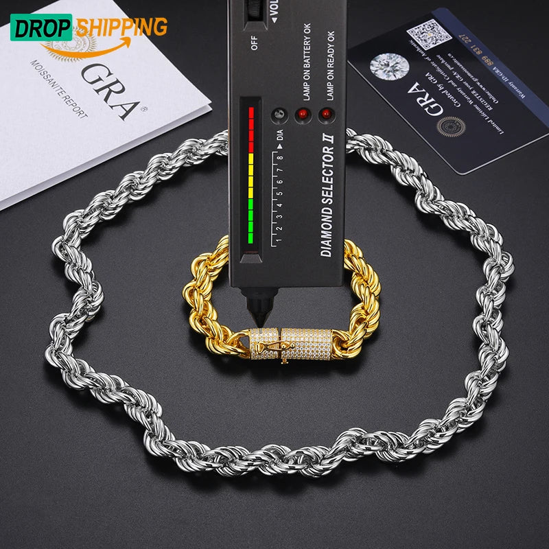 Dropshipping 6mm 18K Gold Plated 925 Sterling Silver VVS Moissanite Diamond Iced Out Clasp Rope Chain Necklace for Men