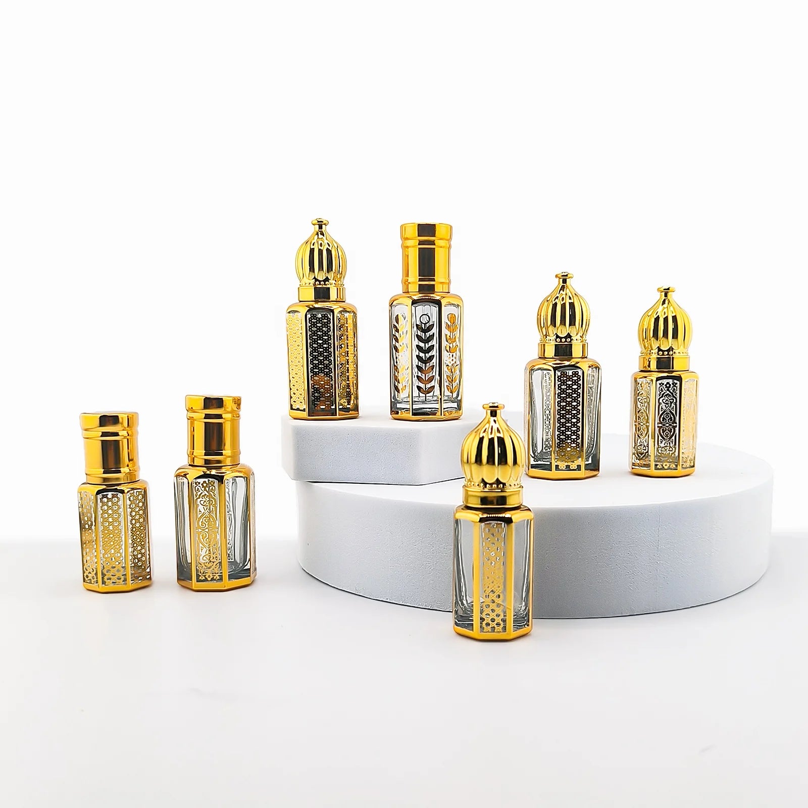 RTS Fancy Luxury 3ml 6 ml 9 ml 12 ml Golden Octagonal Arabic Glass Roll on Perfume Bottle with Glass Roller or Glass Sticks