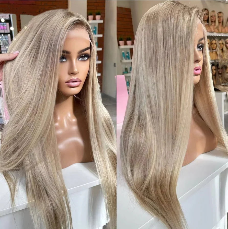 Best Quality Double Drawn Blonde Straight Wavy Human Hair Wigs Bleached Knots Cuticle Aligned European Hair Fine Lace Front Wigs