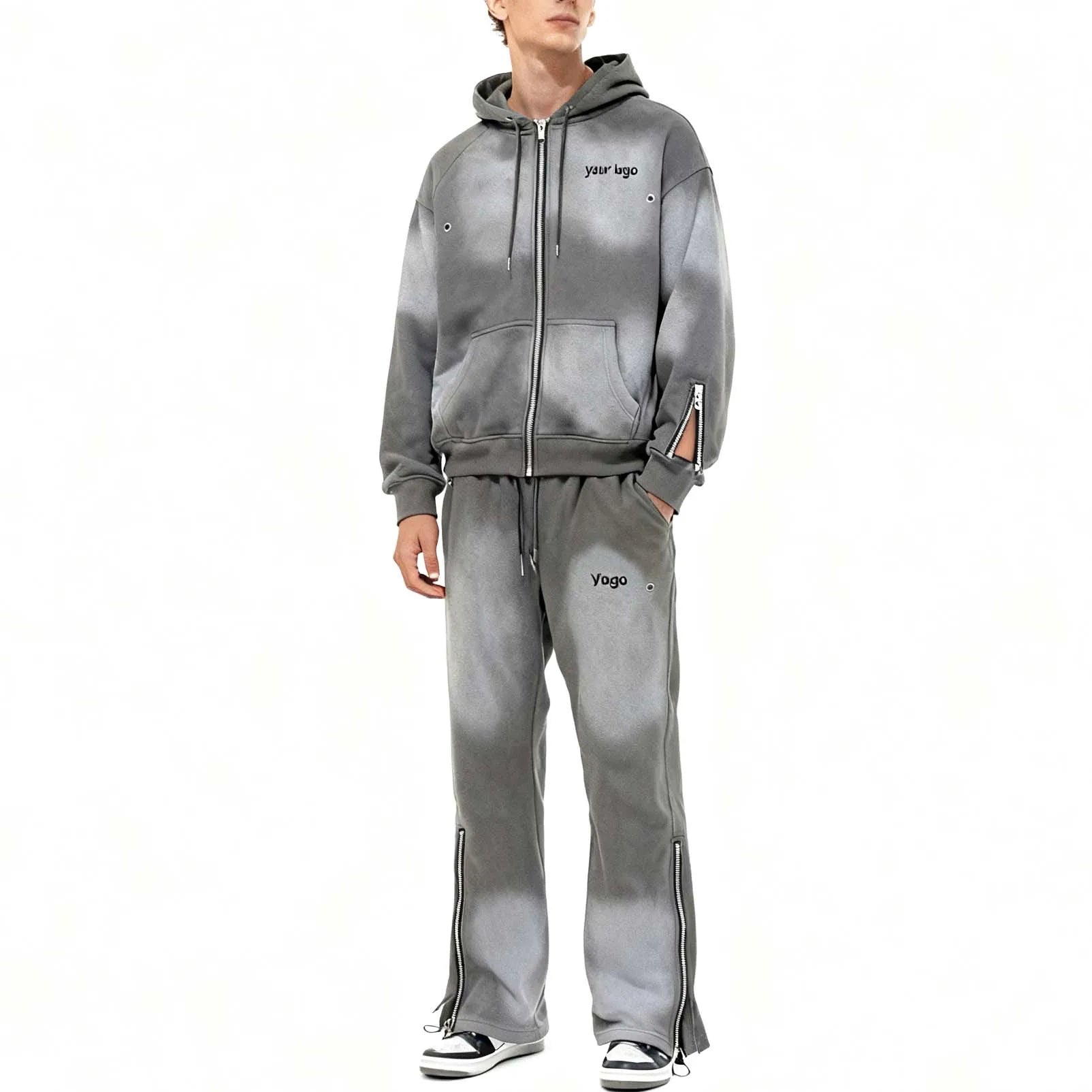 Custom Joggers Distressed Acid Wash Blank Men's Tracksuit Oversized Cotton Printed Embroidery Flared Hoodie and Sweatpants Set