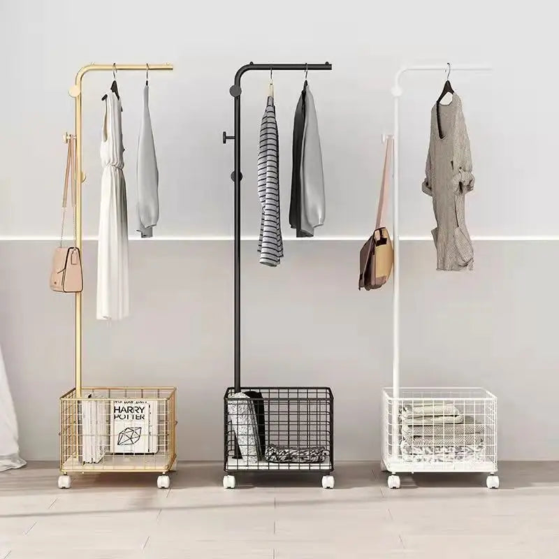 Multi-functional Double-layer Metal Standing Type Storage Basket with Space-saving Hanging Clothes Finishing Hanger