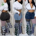 New Fashion Women's Denim Jeans Casual Workout Plaid Stretch Denim Pants With Pocket Patchwork Denim Cargo Jeans Women Casual