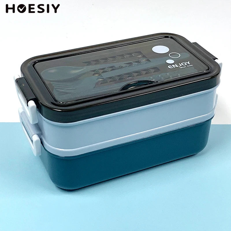 Durable 2-Layer PP Plastic Lunch Box Waterproof Compartment Divided Bento Style for Kids and Adults with Cutlery