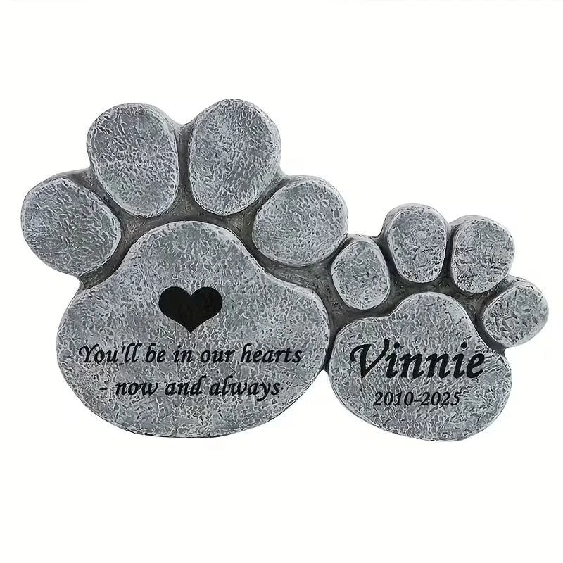 Grey Hand-painted Irregular Shape Paw Print Heart-shaped Engraving Pet Memorial Resin Statue. Personalized Landscape Ornament