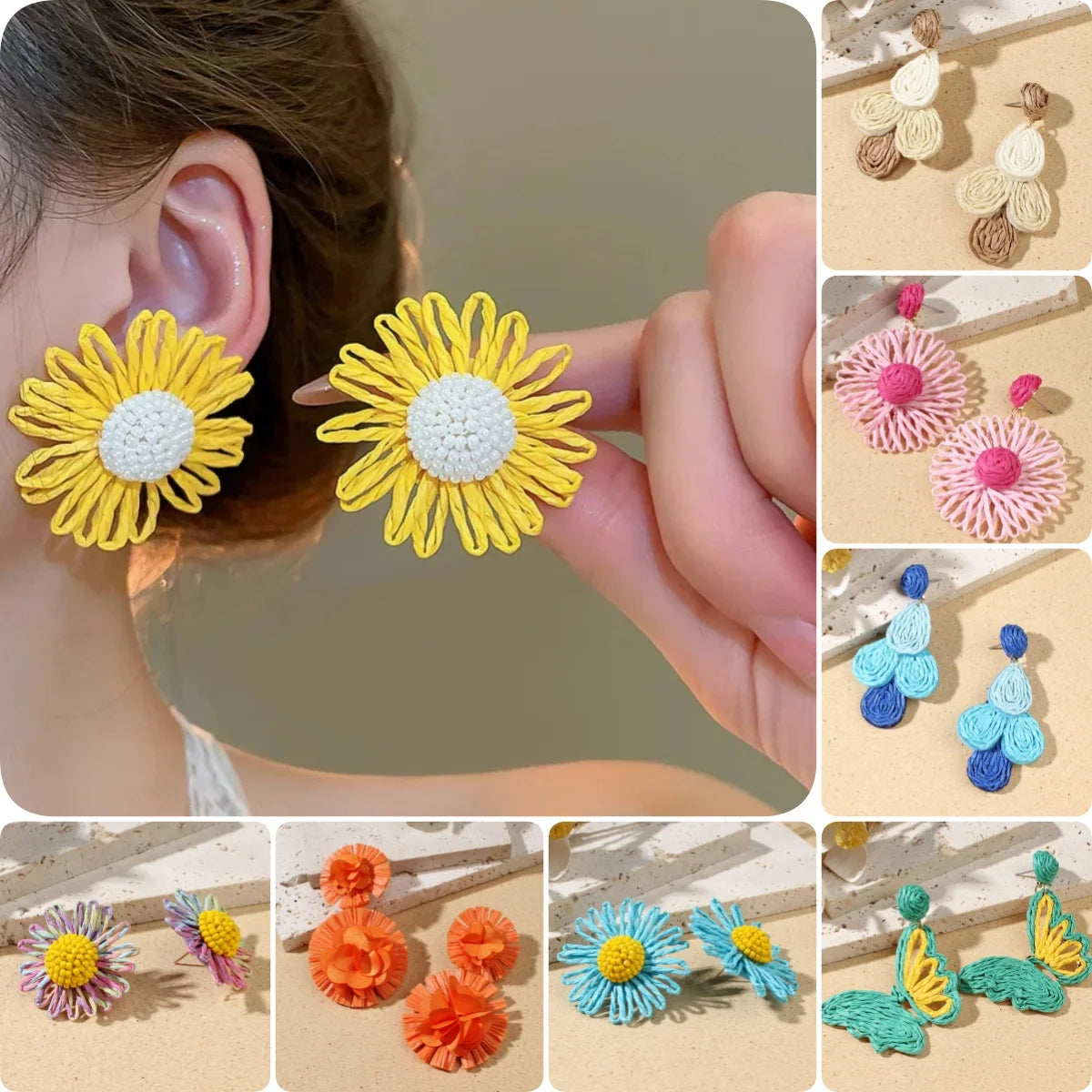 Bohemian Ocean Beach Holiday Jewelry Teardrop Butterfly Dangle Earrings Handmade Woven Raffia Flower Stud Earrings