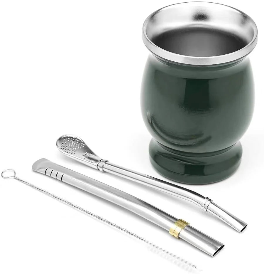 VISION Traditional Yerba Mate Starter Set Gourd Cup BPA Free Lid Bombilla Cleaner Double Walled Stainless Steel Thermos 8oz 6hr