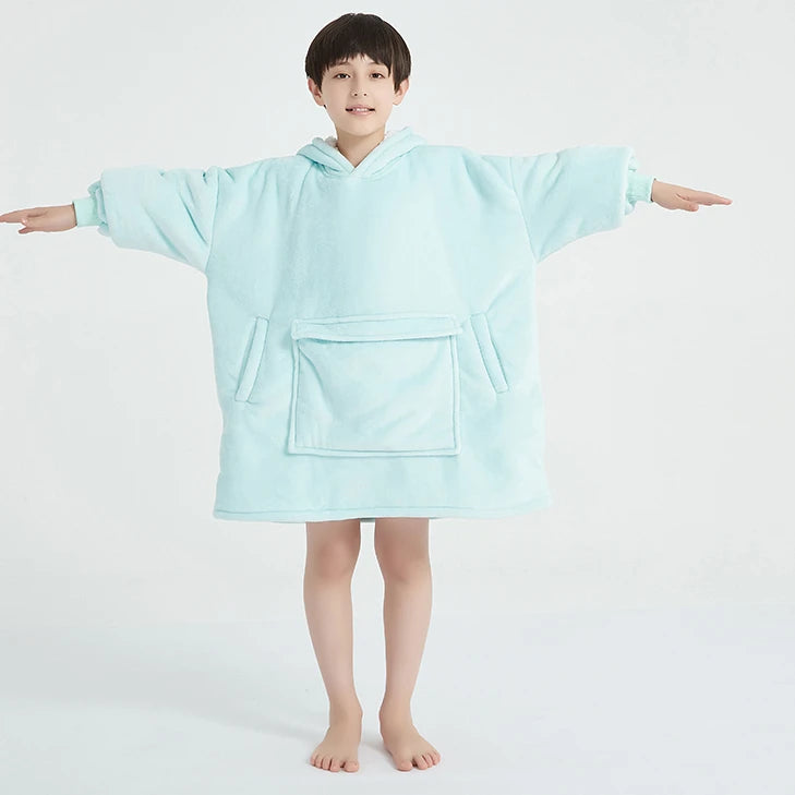 China Factory Children Wearable Blanket Hoodie Oversized Kid Sherpa Blanket Sweatshirt Flannel Sweater Blanket with Large Pocket