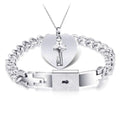 Religious Heart Lock Bracelet and Key Necklace Silver Titanium Steel Couple Jewelry Crystal Necklace for Women