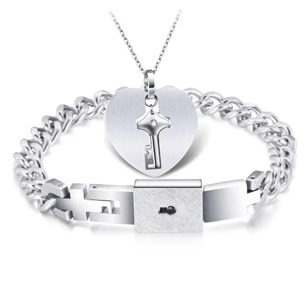 Religious Heart Lock Bracelet and Key Necklace Silver Titanium Steel Couple Jewelry Crystal Necklace for Women