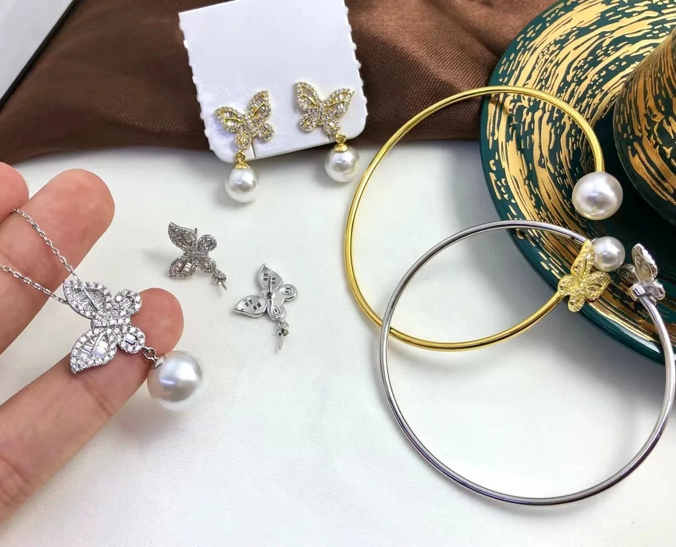 JW096 10-12mm  DIY Natural Real Freshwater Pearl Set Charm  Accessories 925 Sterling Silver  Gold Plated Jewelry Set for Women