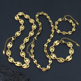 Wholesale Fashion Jewelry Sets 18K Gold Stainless Steel Coffee Bean Chain Pig Nose Chain Necklace and Bracelet Sets for Women