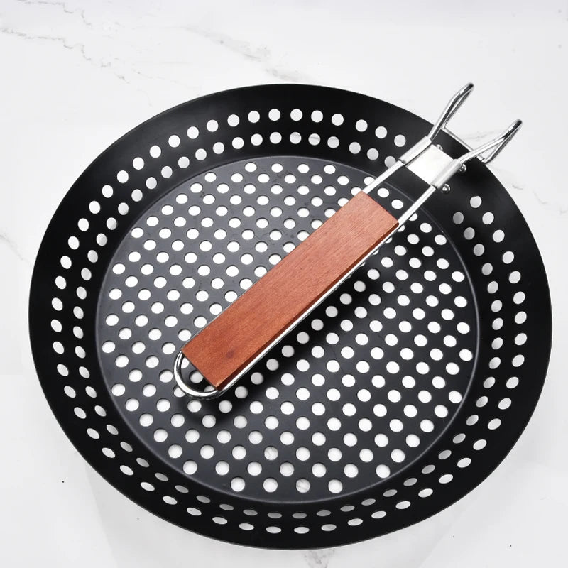 Foldable Non-Stick Grill Frying Pan Ovenware Picnic Skillet with Hole Removable Handle Outdoor BBQ Tray Vegetable Seafood Meat