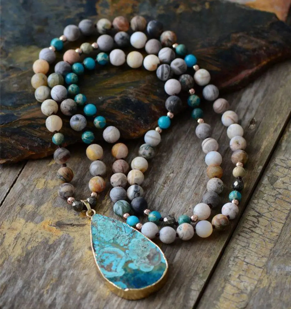 Bohemian Ethnic Vintage Genuine Blue Natural Ocean Crystal Stone Beaded Water Drop Pendant for Long Necklace Women Men