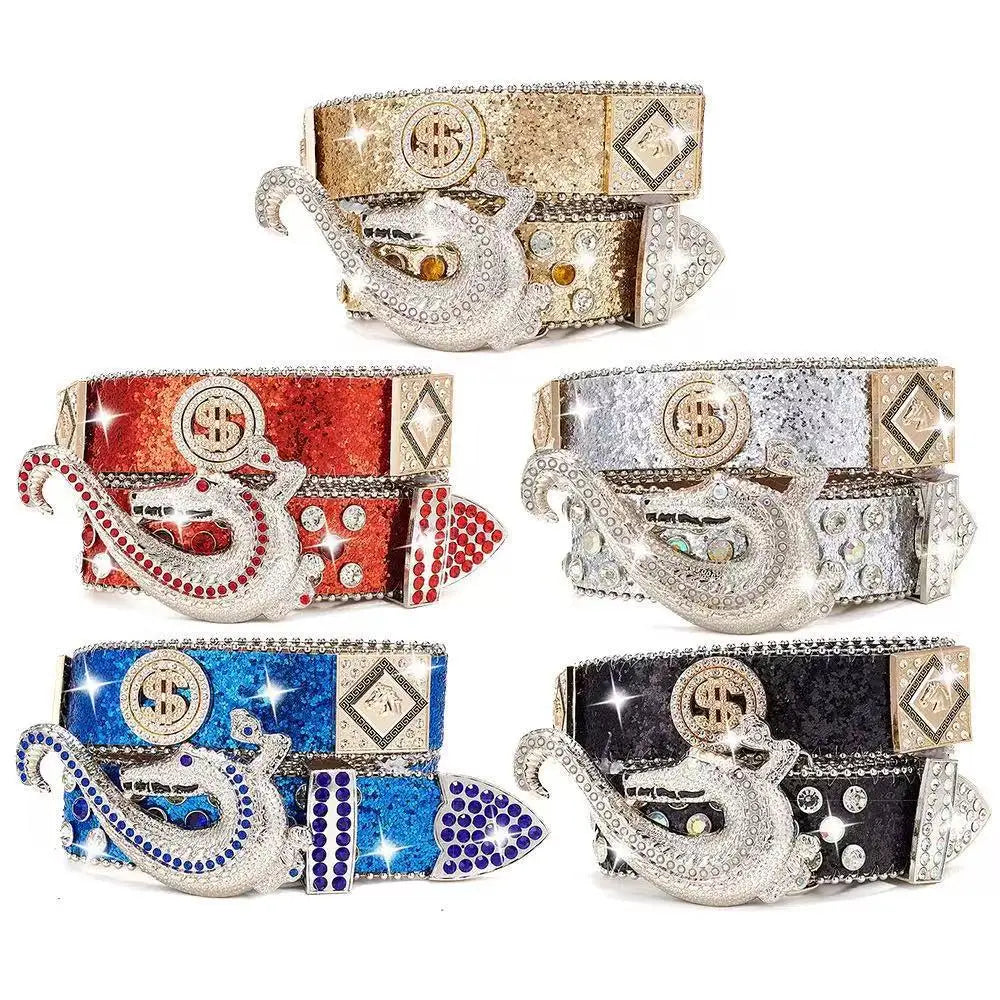 New Designer Shiny Bling Sequins Diamond Jeans Belt Studded Rhinestone Western Cowboy Cowgirl Belt with Crocodile Buckle