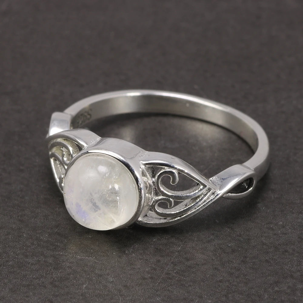 New Arrival 8mm Natural Moonstone  Women Rings Real 925 Sterling Silver Victorian Style Solitaire Ring