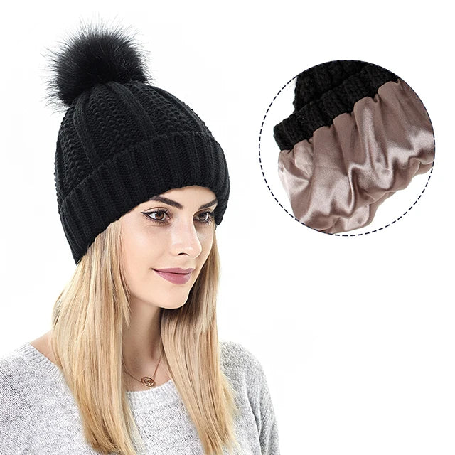 Fashion Winter Custom Logo Satin Lined Pom Beanie Hat Adjustable Acrylic Knitted Hats With Silk Lining