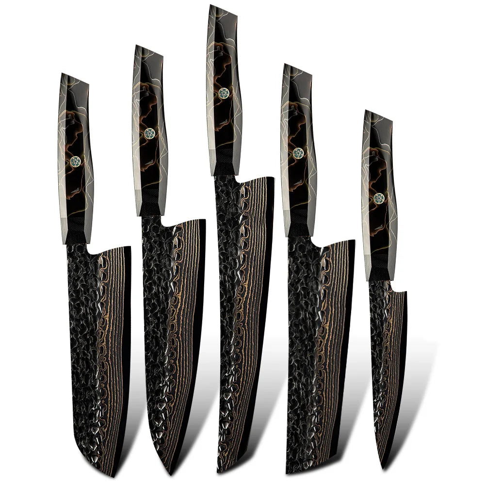 Custom Logo VG10 Copper Damascus Knives Forged Blade Japanese Kitchen Chef Knives Set Sushi Knife Set and Resin Handle