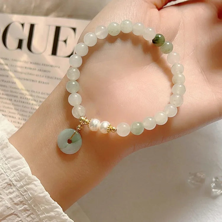 Chinese Style Tianshan Jade Green Bracelet Luck Natural Jade Beaded Safety Buckle Bracelets for Women