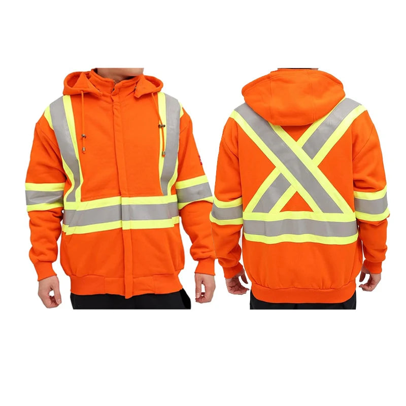 High Visibility Decussate Reflective Tapes Safety Sweatshirts Zip Closure Hi-Vis Safety Jackets Warm Reflective Work Hoodies