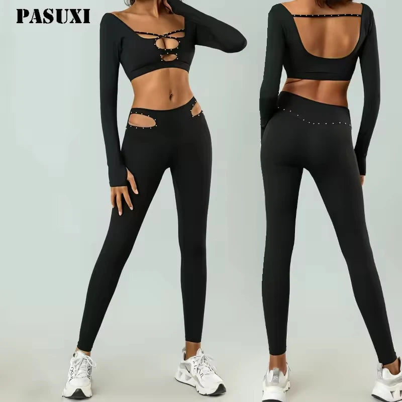 PASUXI New Women's Gym Sportswear Long Sleeve Fitness Workout Sets with Elastic Backless Yoga Solid Pattern Plus Size for Summer