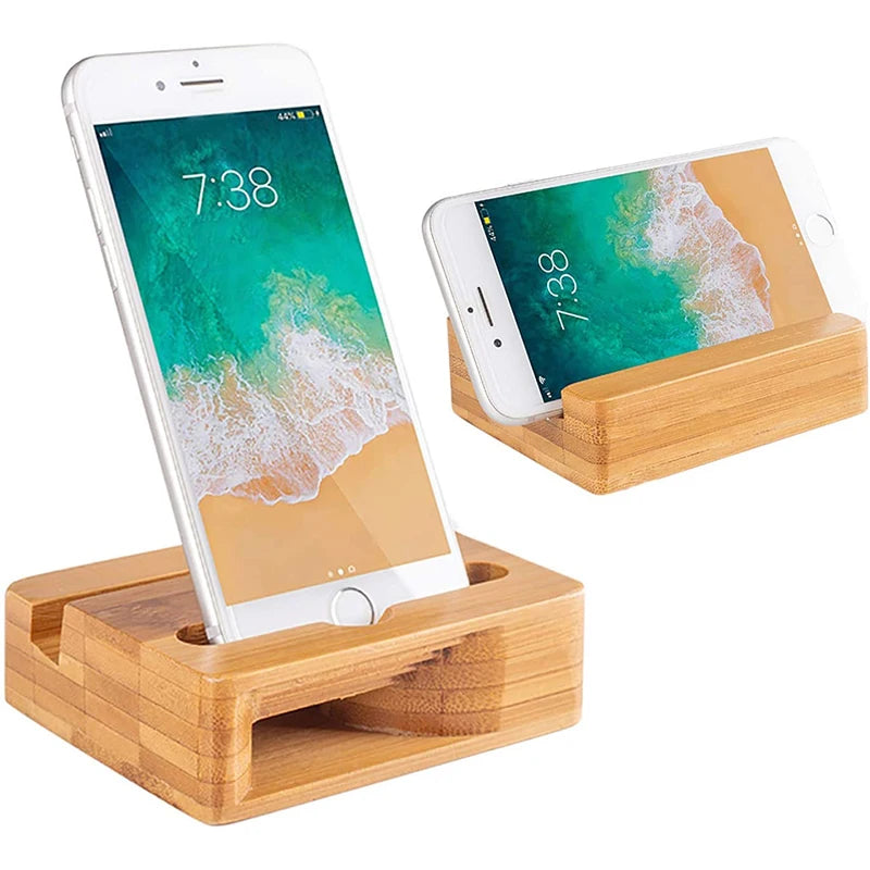 Natural Universal Desktop Wood Cell Phone Stand Bamboo Wooden Phone Holder with Sound Amplifier
