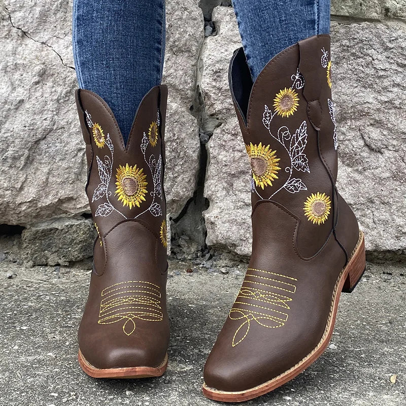 Embroidery Winter Custom Logo  Boots Square Toe Thick Heel Women Western Boots