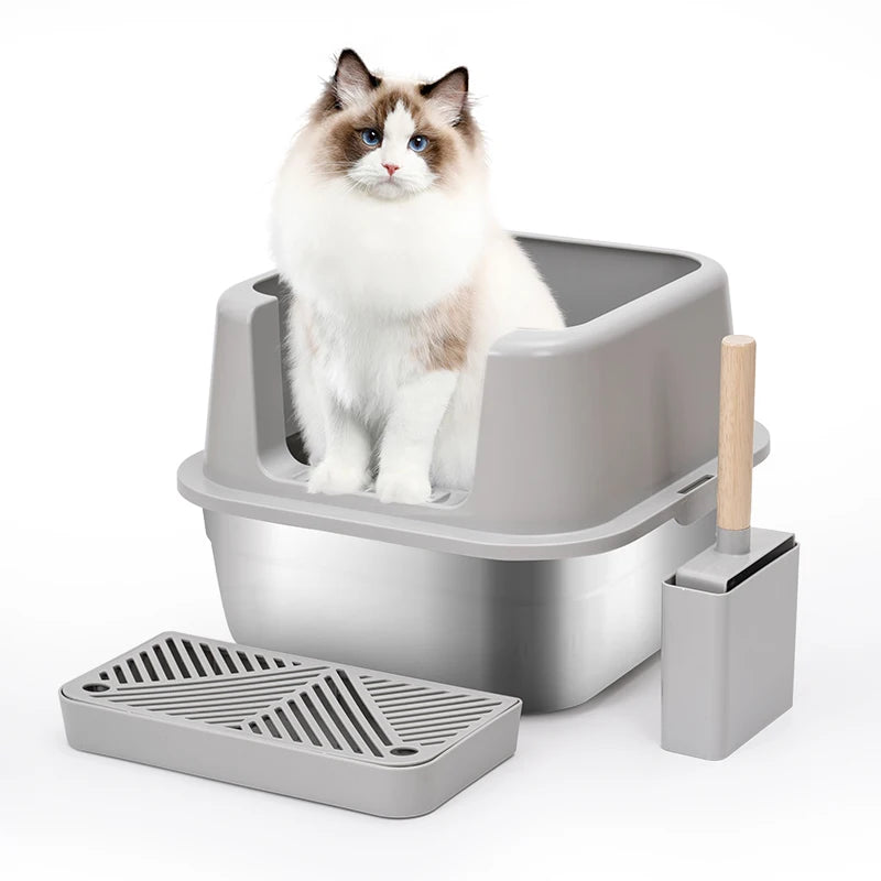 Semi Enclosed Never Absorbs Odor Stains or Rusts Easy to Clean Sliding Scoop Portable Stainless Steel Cat Litter Box Toilet