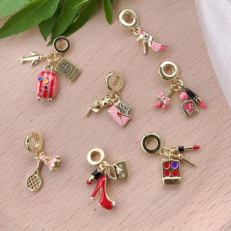 JS1777  European Enamel Suitcase Passport Perfume Heel Lipstick and Cosmetic Pen Makeup High Heels Stiletto Dangle Charms