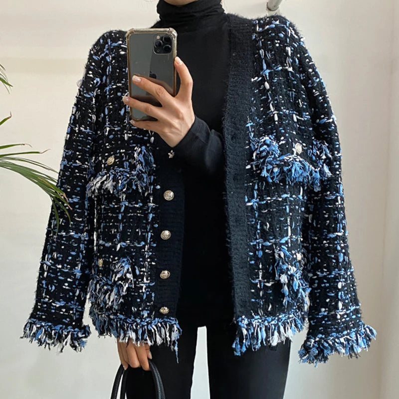 Wholesale 2026 Autumn and Winter Western Style Retro V-neck Fringed Fringe Mixed Color Knitted Cardigan Loose Sweater Coat
