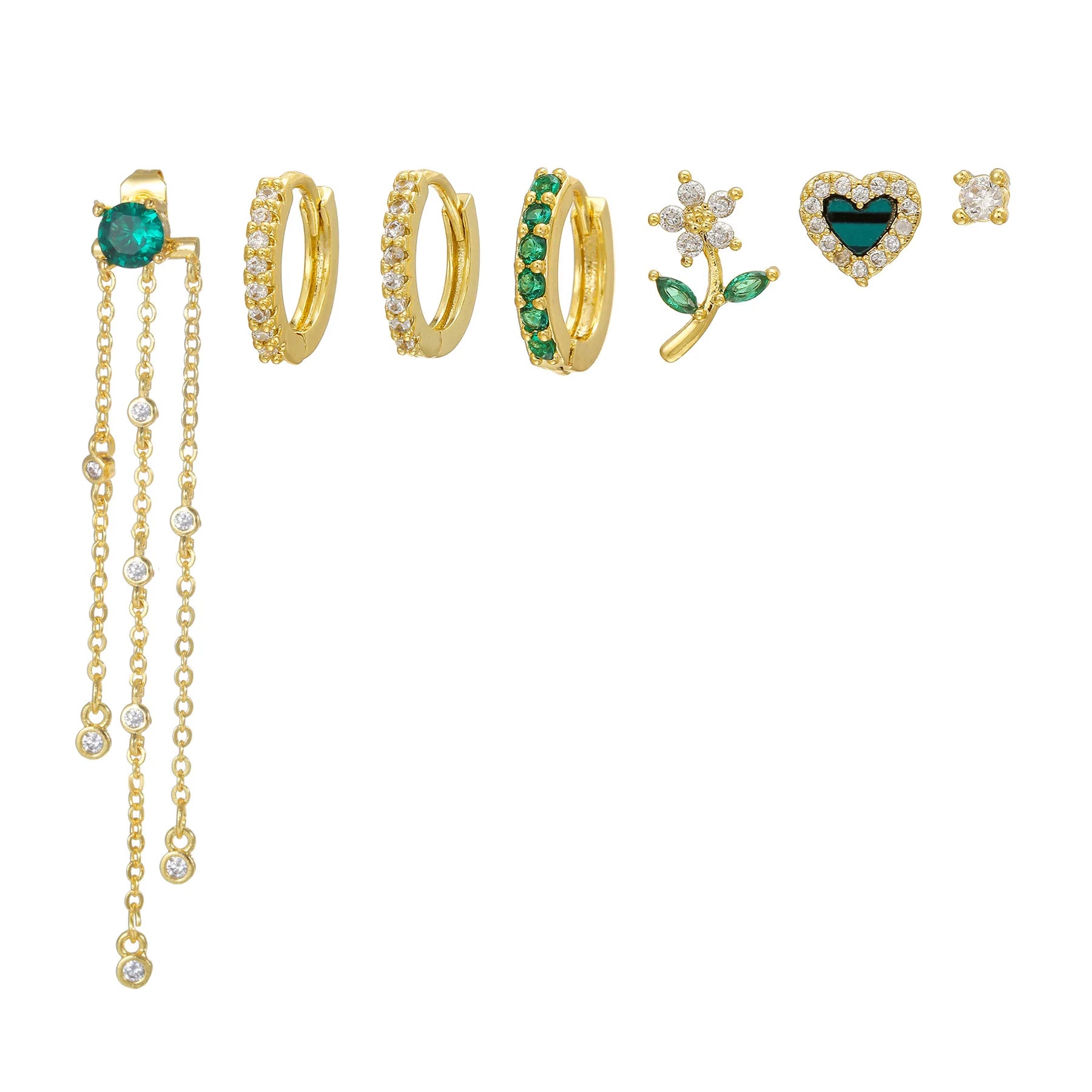 7Pcs Emerald Tassel Chain Earrings Featuring Floral Heart Motif Perfect for Nature Lovers Jewelry Set