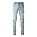 Factory Wholesale High Street Y2K Blue Patch Stretch Waterproof Straight Trousers Ripped Damage Patchwork Pencil Denim Jeans Men