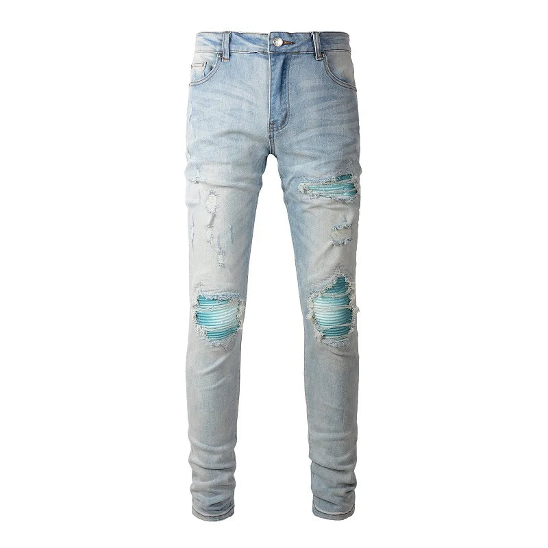 Factory Wholesale High Street Y2K Blue Patch Stretch Waterproof Straight Trousers Ripped Damage Patchwork Pencil Denim Jeans Men