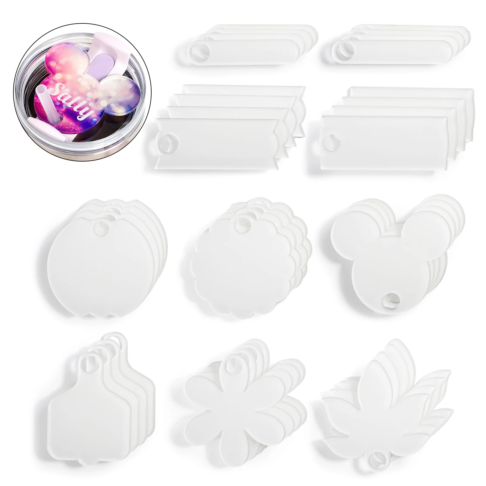 100pcs Sublimation Name Plates for 40 Oz Tumbler Lid Topper Mixed 10 Shape Blanks Personalized  Acrylic Tumbler Name Plate