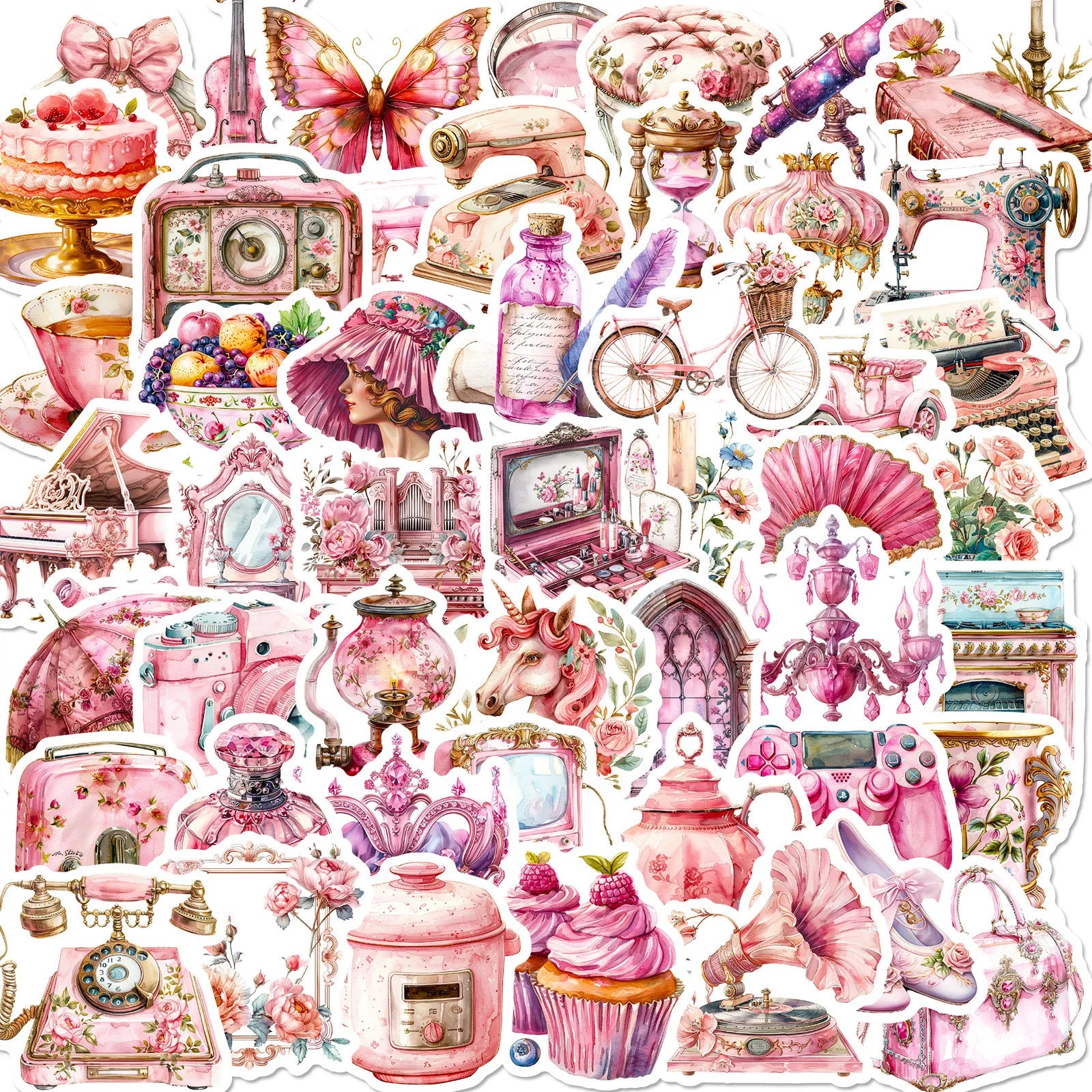 50Pcs Vintage Pink Girl Old Things Graffiti Stickers for Wall Luggage Aesthetic Lady Home Decor Sticker