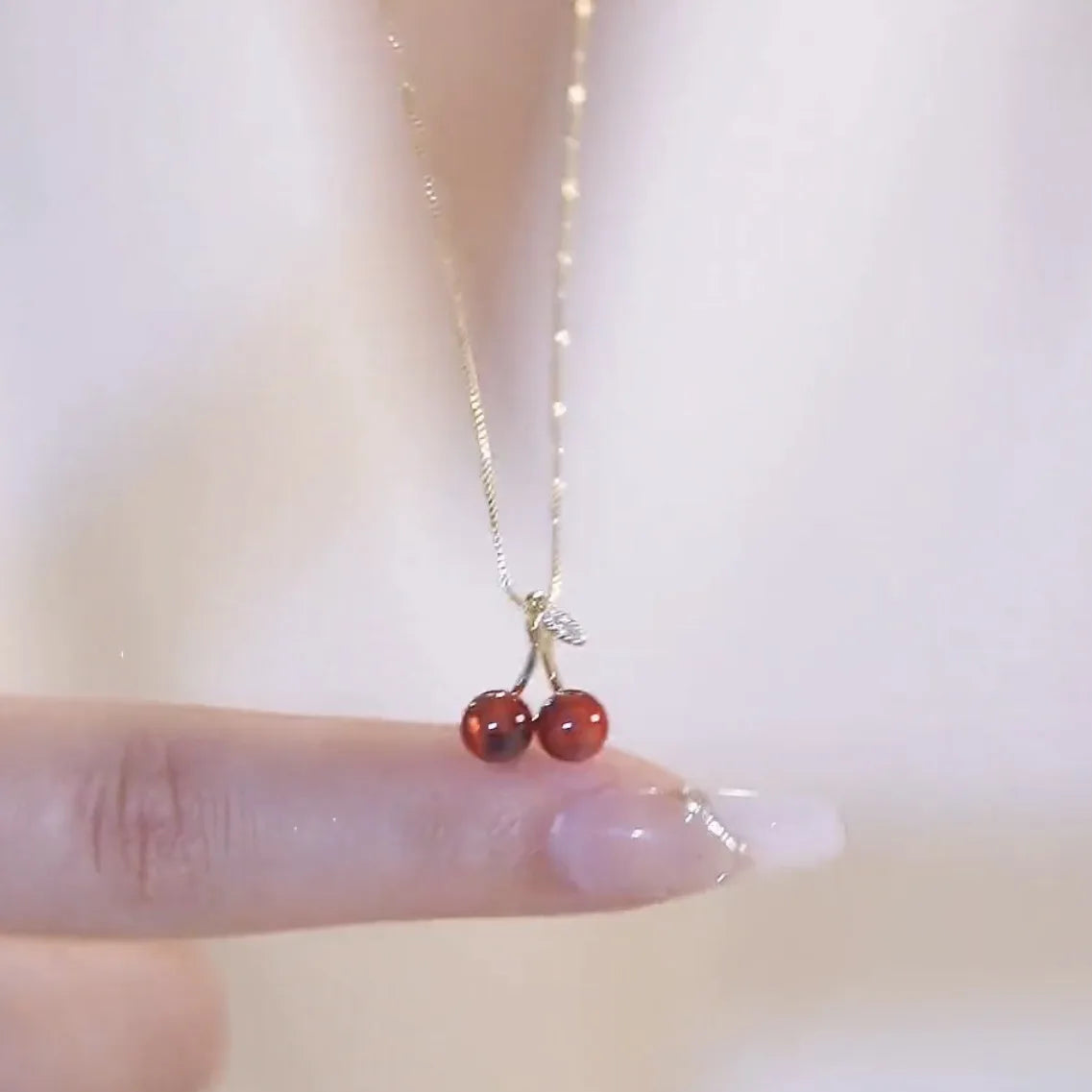 2022 New Arrival Crystal Red Cherry Pendant Necklace Handmade Fruit Gold Plated Brass Necklace for Women and Girls