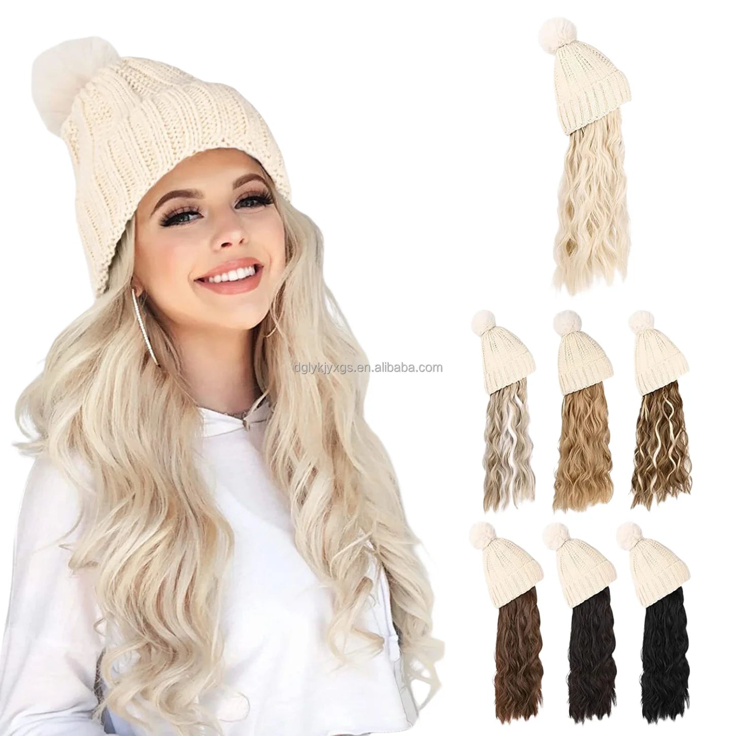 WM06 Hat Wig Synthetic Long Wavy Wigs Plush Knitted Hat Fashion Autumn Winter Hat Hair Wig Hair Synthetic Hair