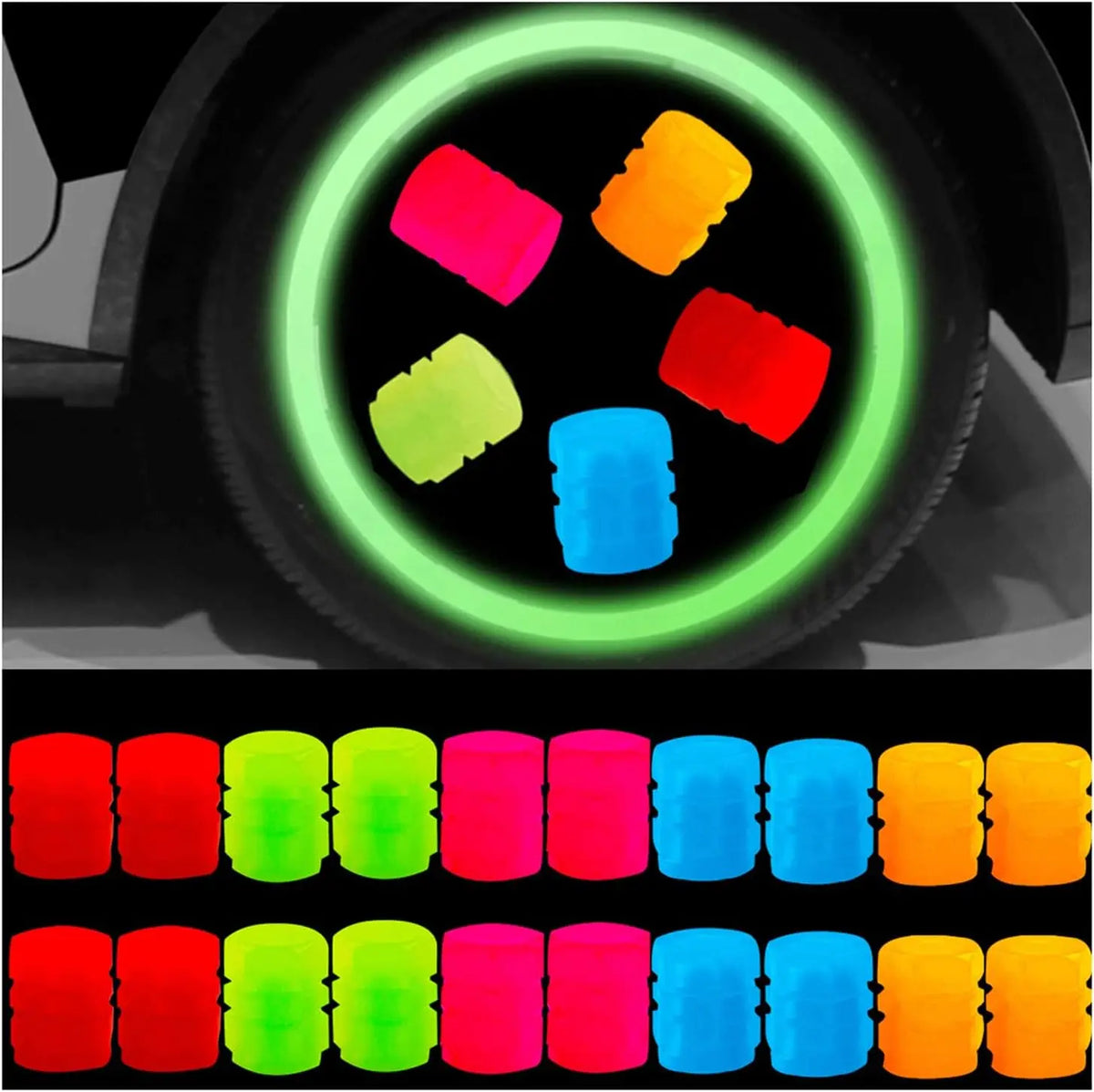 ABS Luminous Tire Valve Cap Tyre Dust Cover Glow in the Dark Tire Valve Cap for 8V1 Car Bike Motorcycle