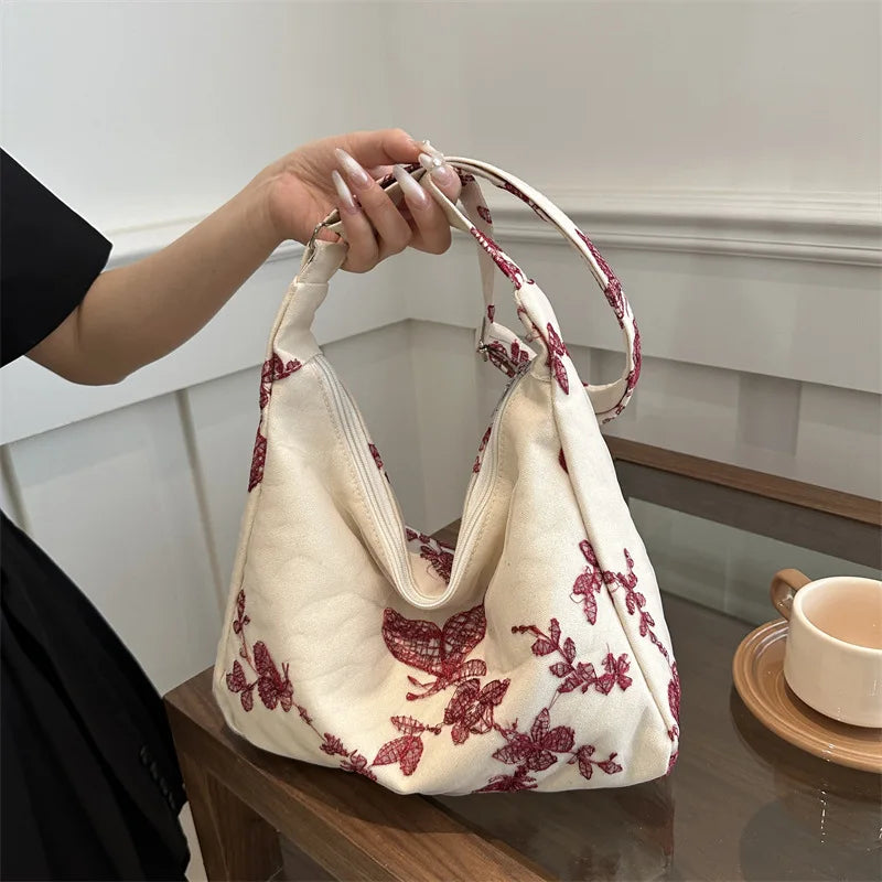 Fashion Flower Embroidery Women Shoulder Bags Casual Large Capacity Ladies Crossbody Bag Commuter Female Canvas Handbags Tote