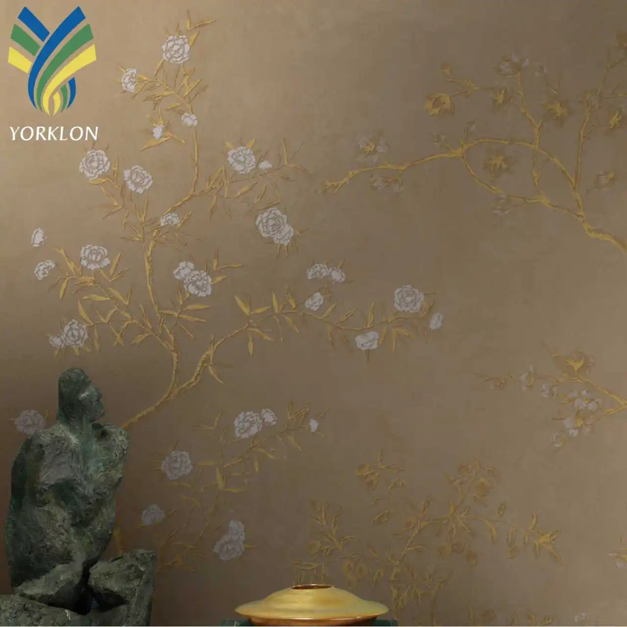 YKEAX 324 Luxury 3D Floral 3D Wall Murals Gold Chinoiserie Floral Wallpaper for Waterproof Sitting Rooms and Bedrooms