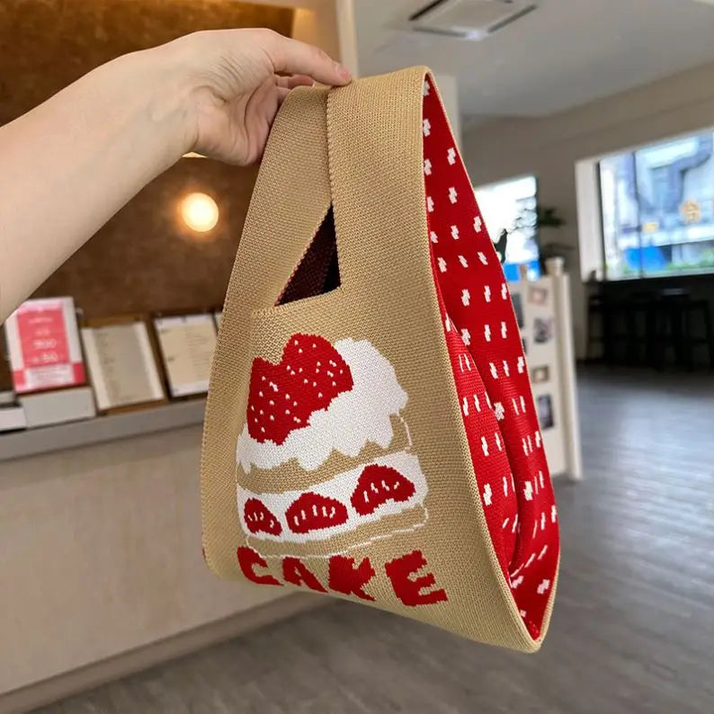 Korean Cartoon Style Strawberry Large Capacity Small Bag Women's Knitted Tote Bag Storage Bag